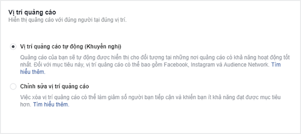 vị trí quảng cáo facebook