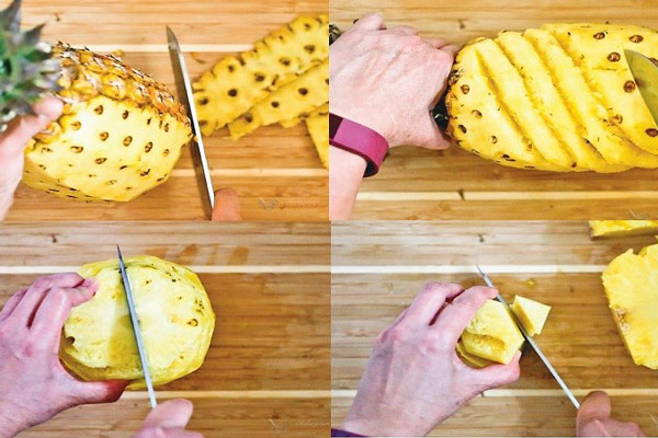 Gọt vỏ và cắt dứa nhỏ ra