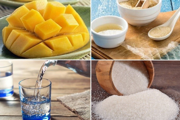 Những nguyên liệu cần có để làm thạch xoài.