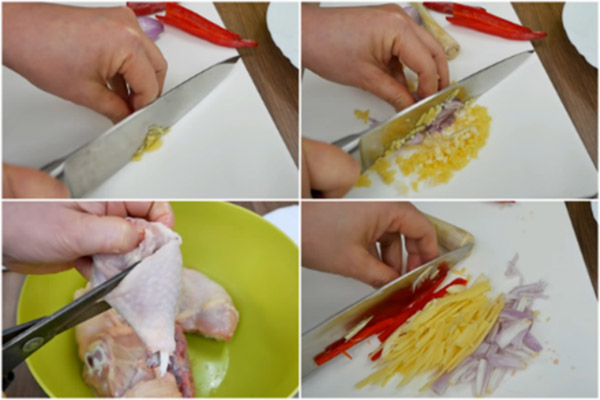 Sơ chế gà và cắt sợi, băm nhuyễn nguyên liệu